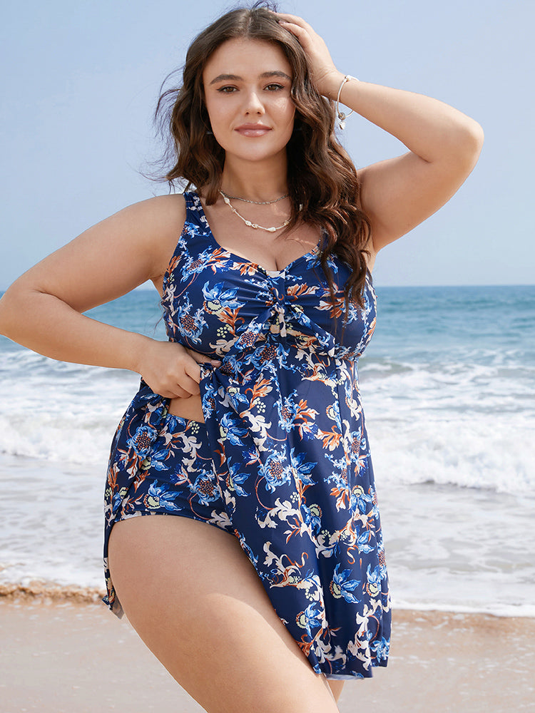 Floral Knot Front Ruched Ruffles Swim Dress