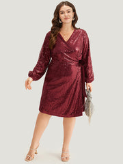 Sequin Ties Side Surplice Neck Lantern Sleeve Dress