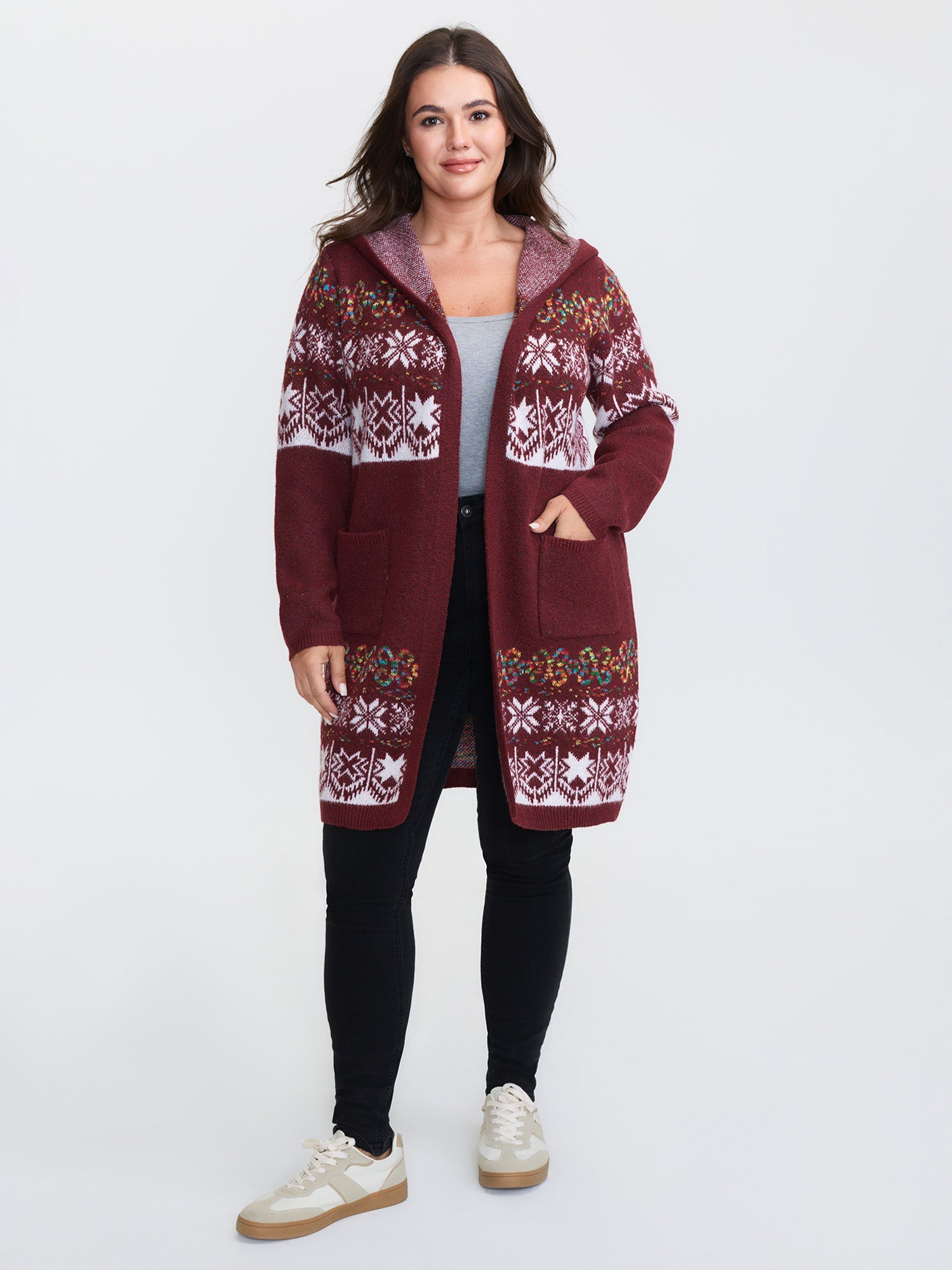 Boho Print Jacquard Hooded Knit Cardigan
