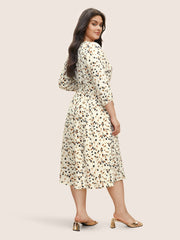 Allover Print Notched Belted Button Detail Dress