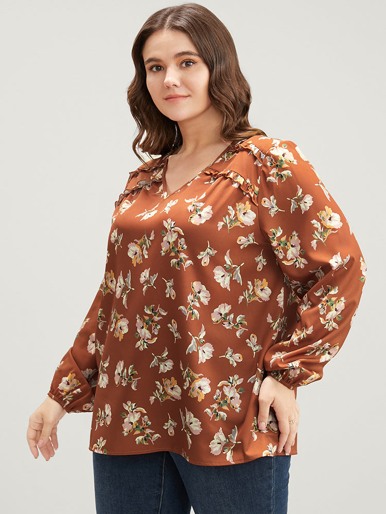 Floral V Neck Ruffles Trim Lantern Sleeve Blouse