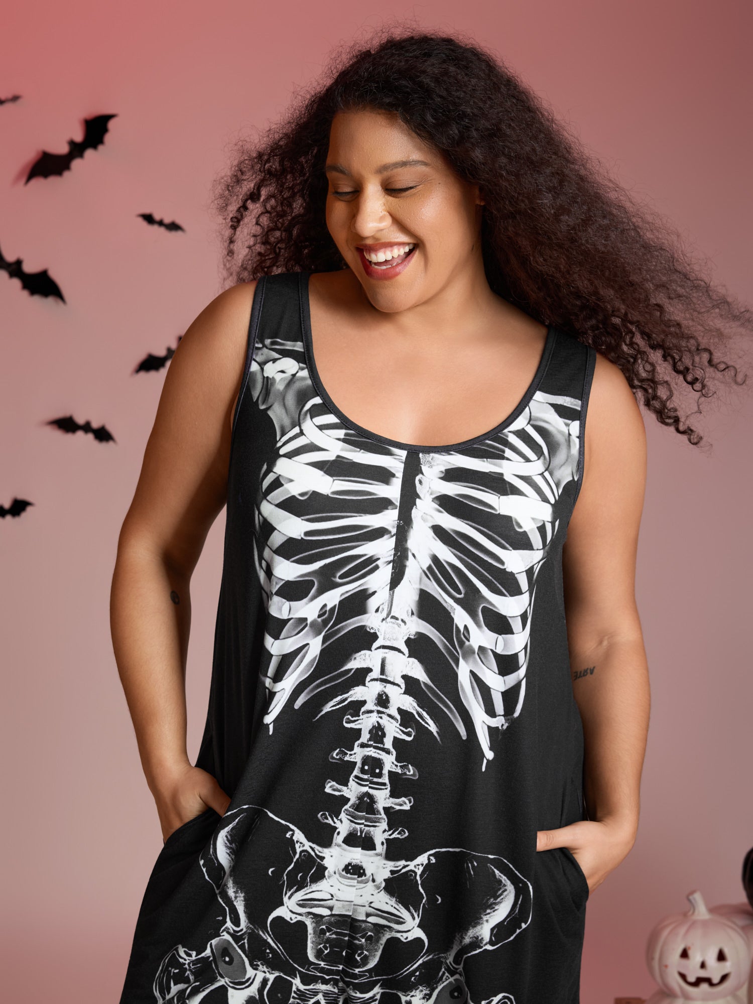 Skeleton Printed Off-Sleeves Jumpsuit