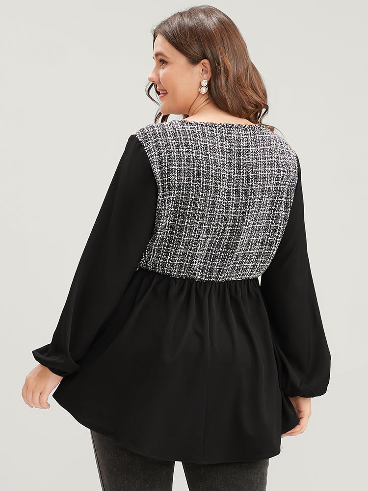 Gingham Tweed Lantern Sleeve Asymmetrical Hem Blouse