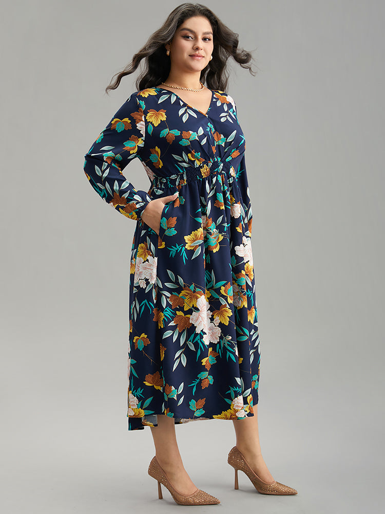 Floral Print Shirred Lantern Sleeve Dress