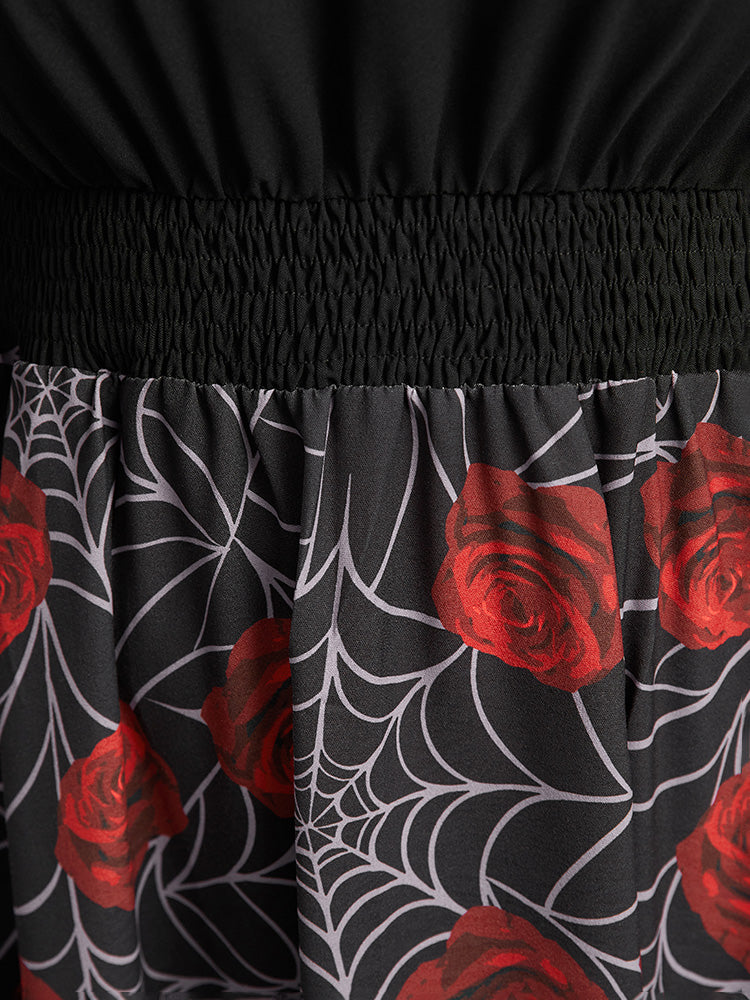 Halloween Rose Ruffles Shirred Elastic Waist Dress