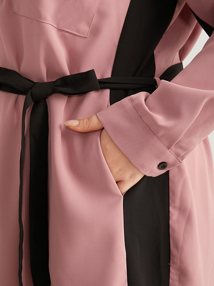 Twill Two Tone Metal Button Up Belted Dress