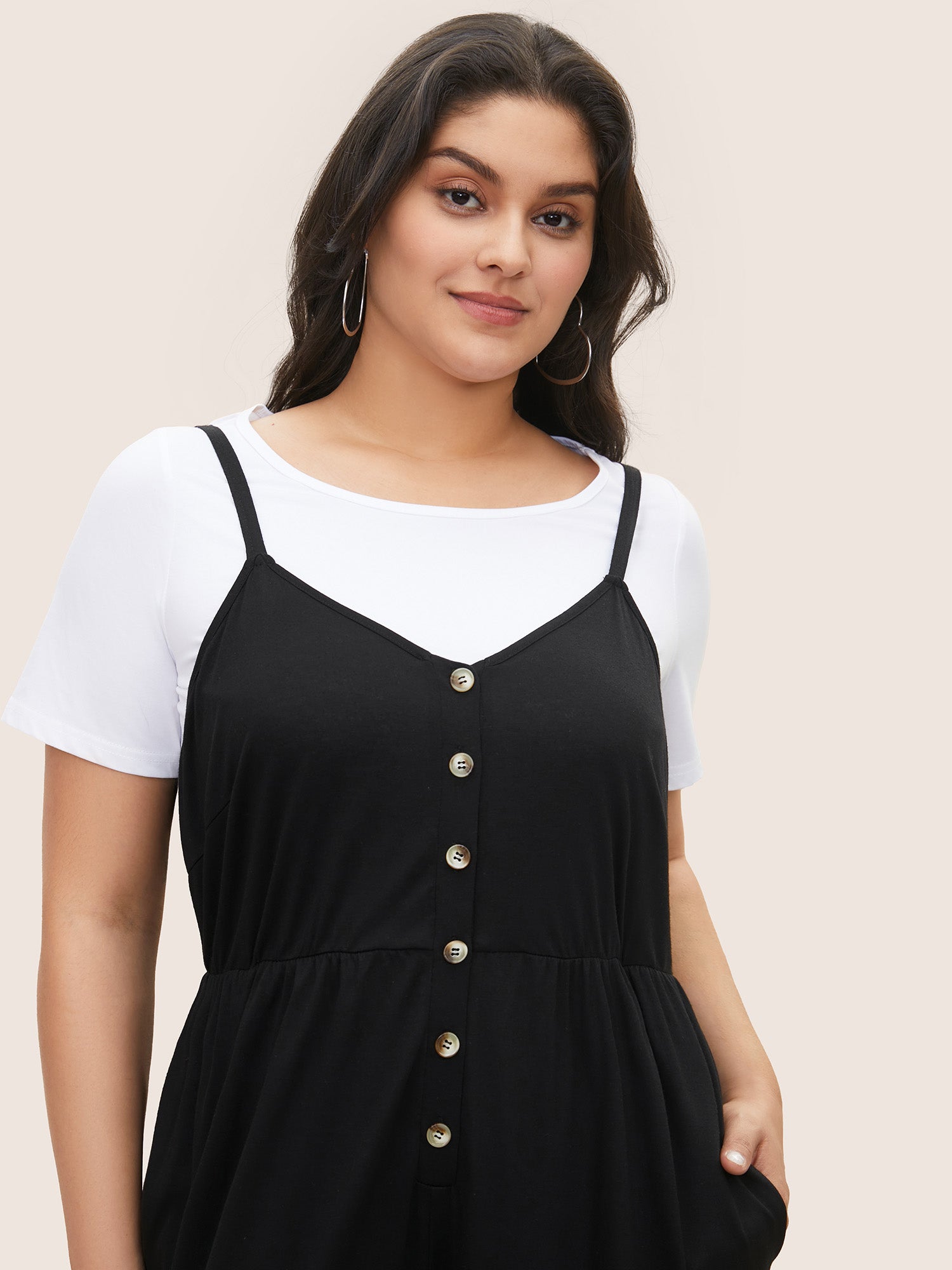 Solid Button Detail Gathered Jumpsuit