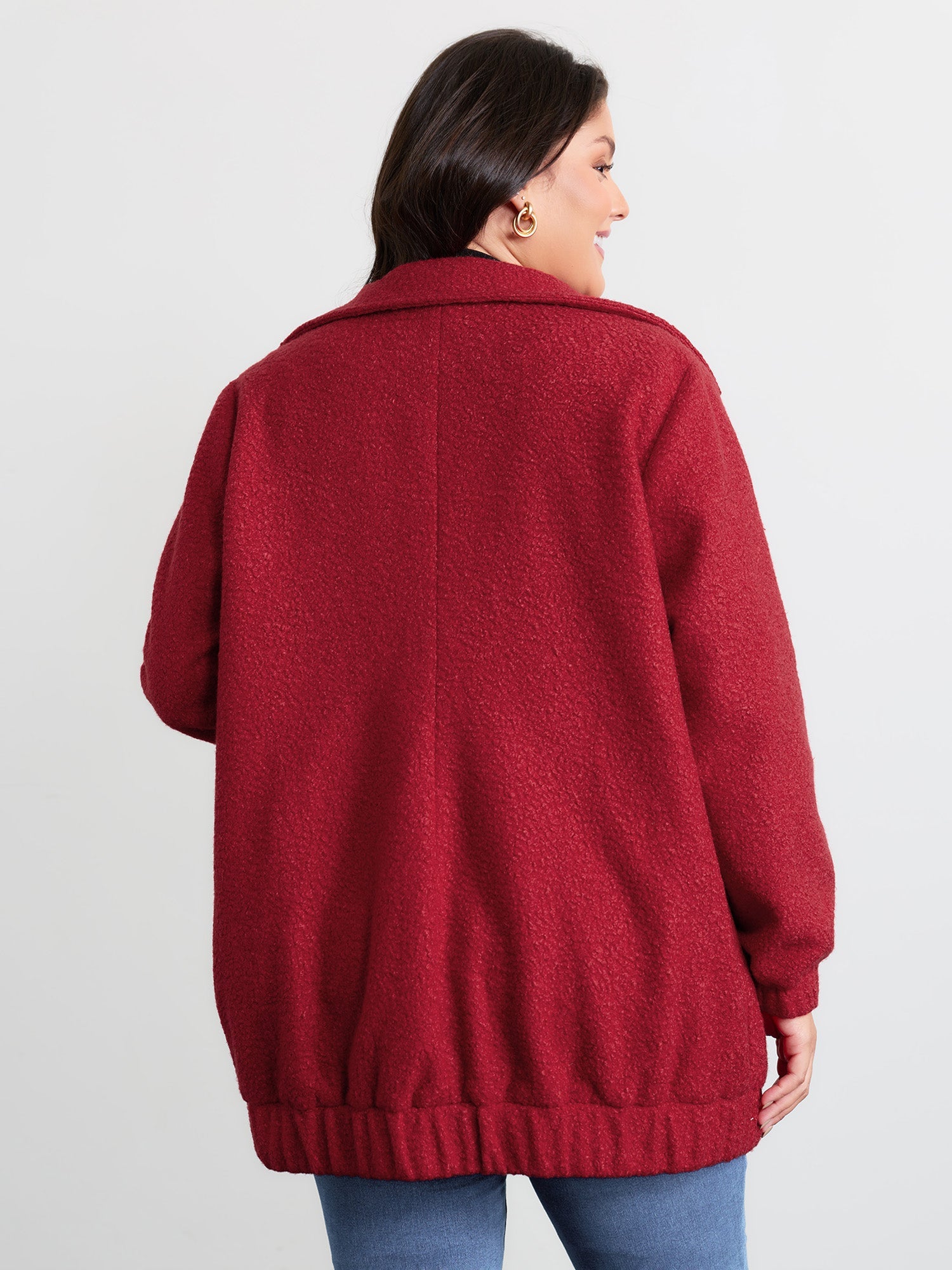 Textured Fuzzy Button Stretchy Hem Jacket