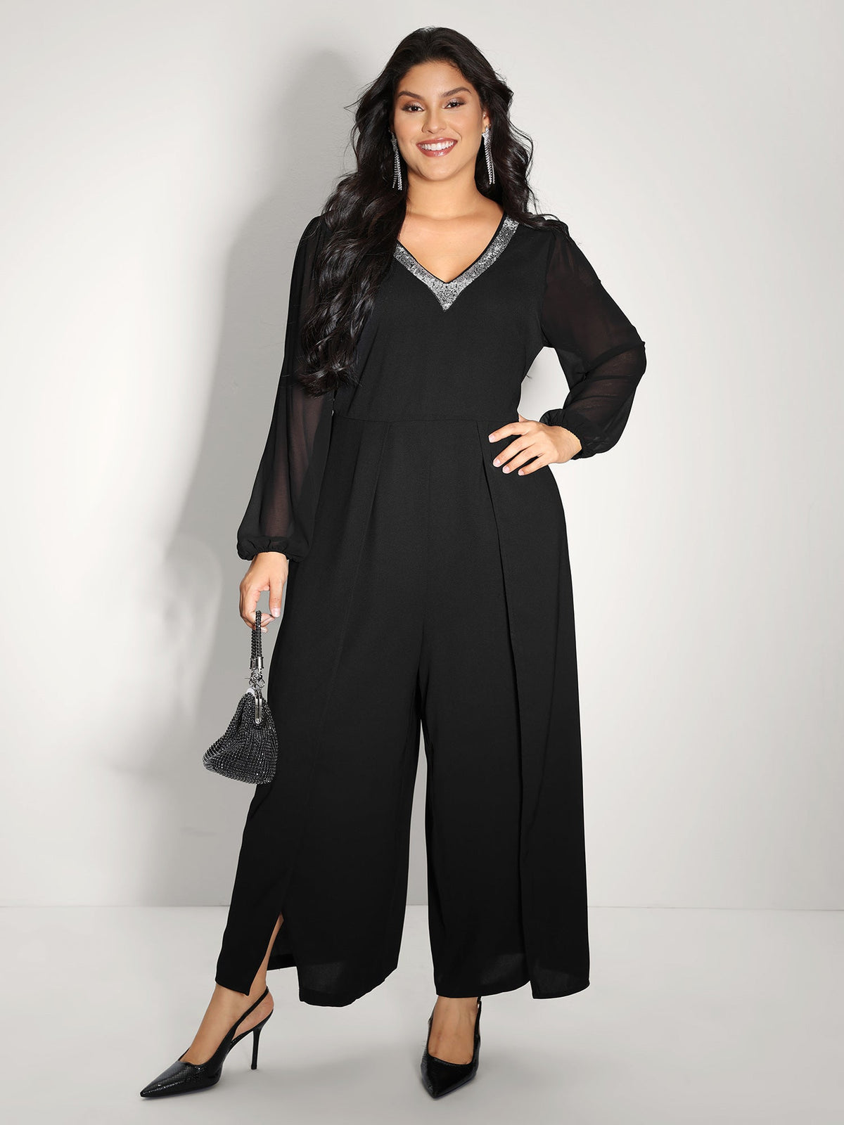 Sequin Neckline Petal Flowy Hem Jumpsuit