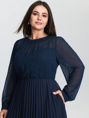 Sheer Polka Dots Pleated Midi Dress