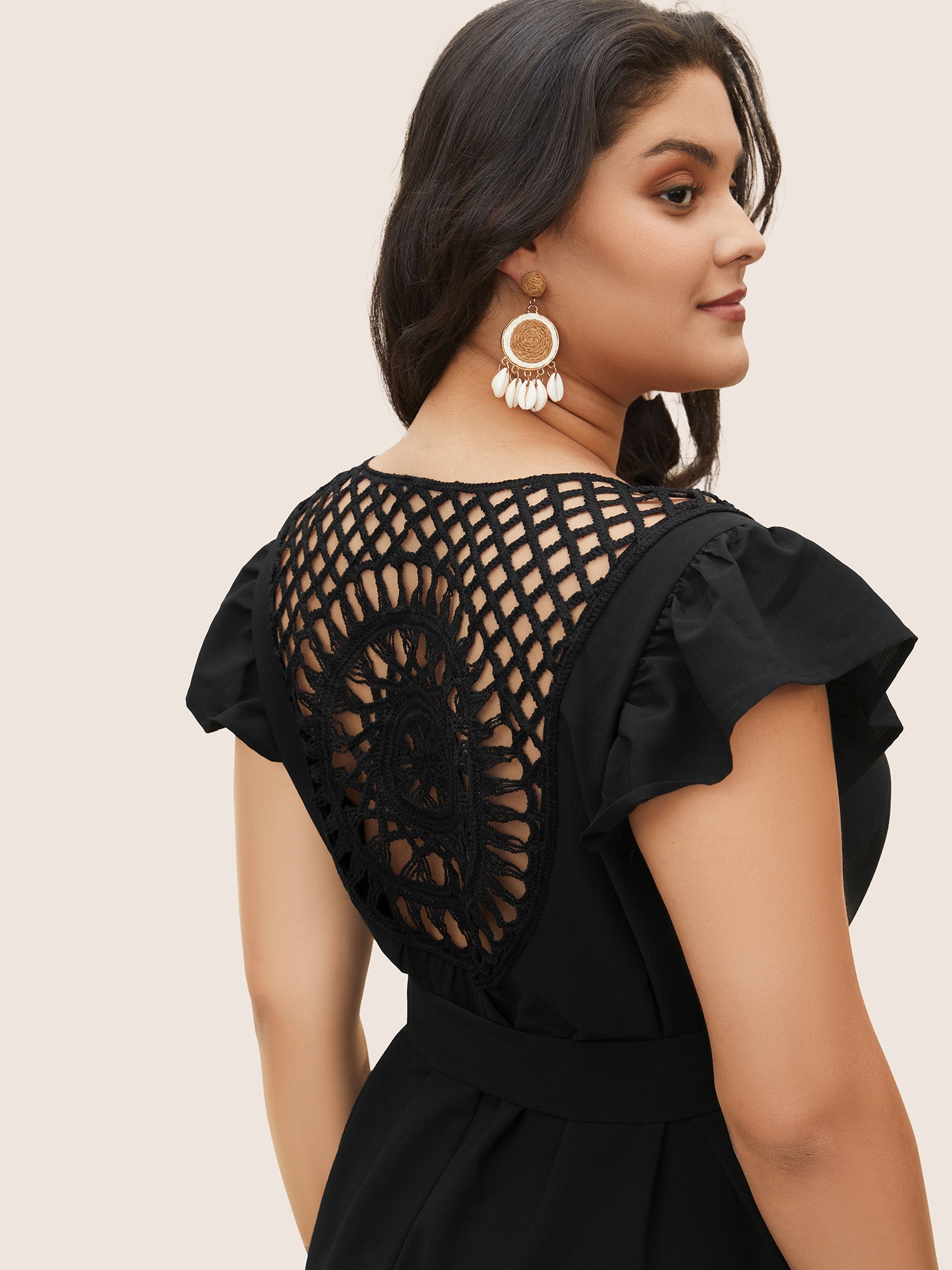 Solid Cut Out Ruffle Cap Sleeve Dress