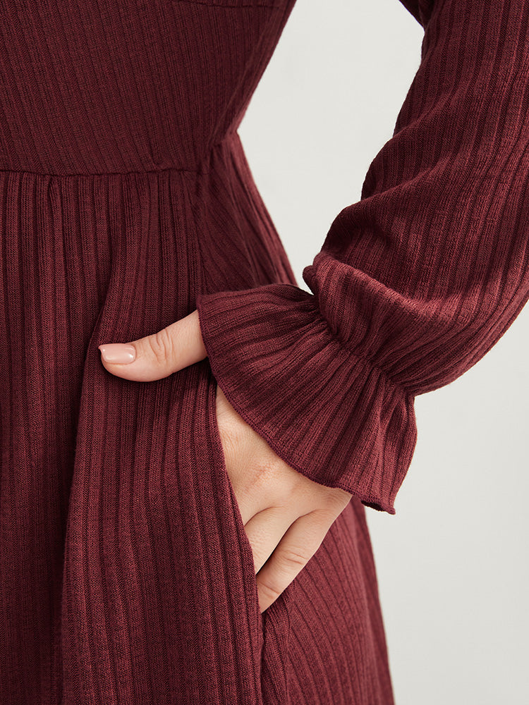 Solid Lantern Sleeve Tie Neck Pocket Rib Knit Dress