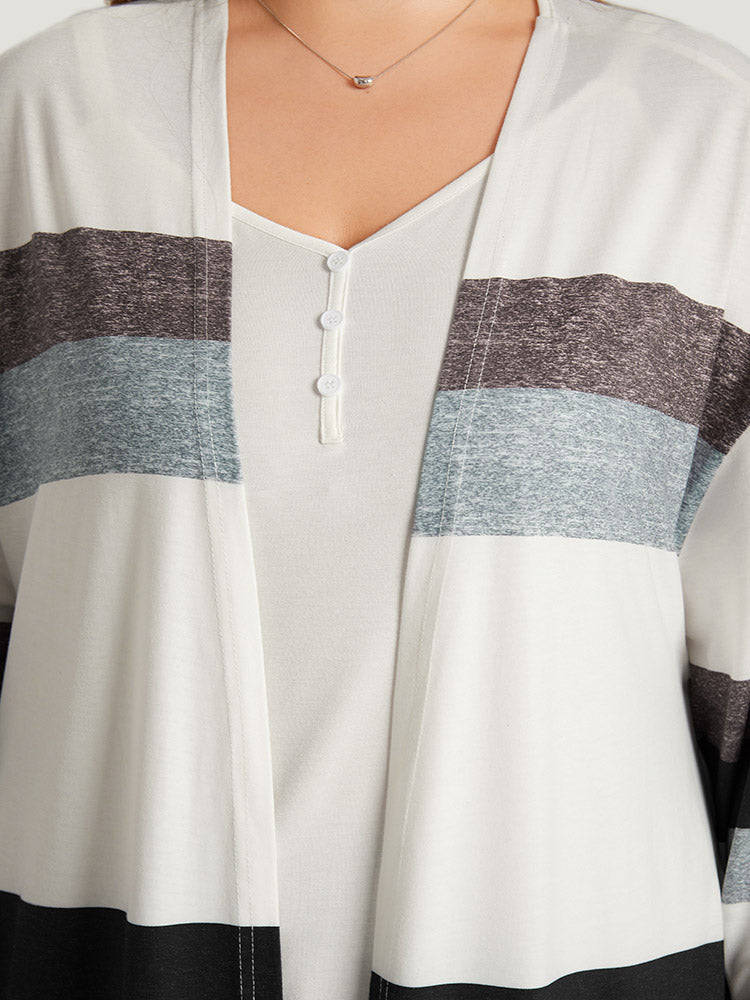 Striped Contrast Pocket Open Front Kimono