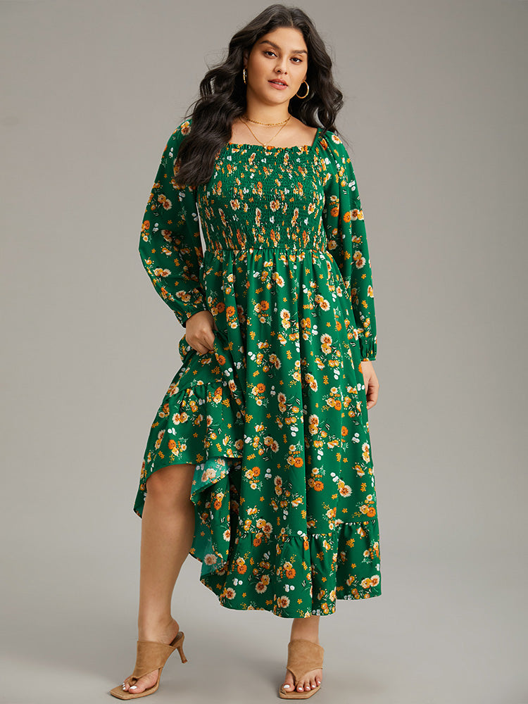 Floral Print Shirred Elastic Cuffs Dress