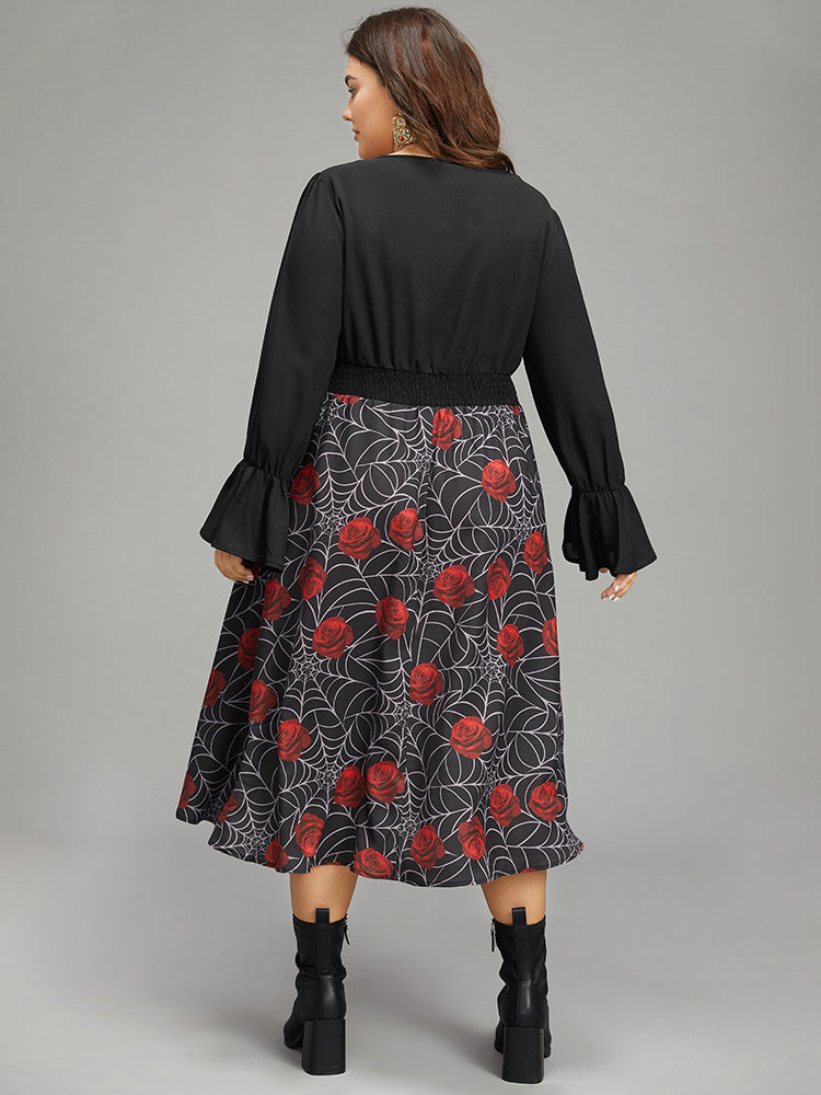 Halloween Rose Ruffles Shirred Elastic Waist Dress