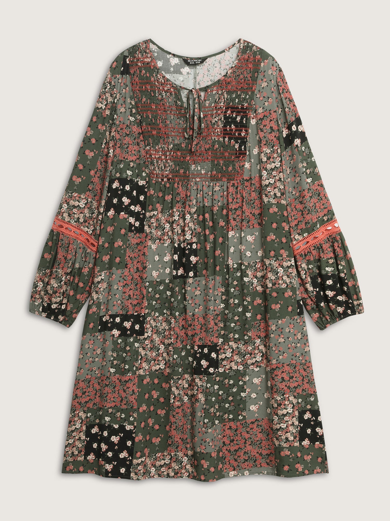 Floral Patchwork Shirred Pockets Midi Dress