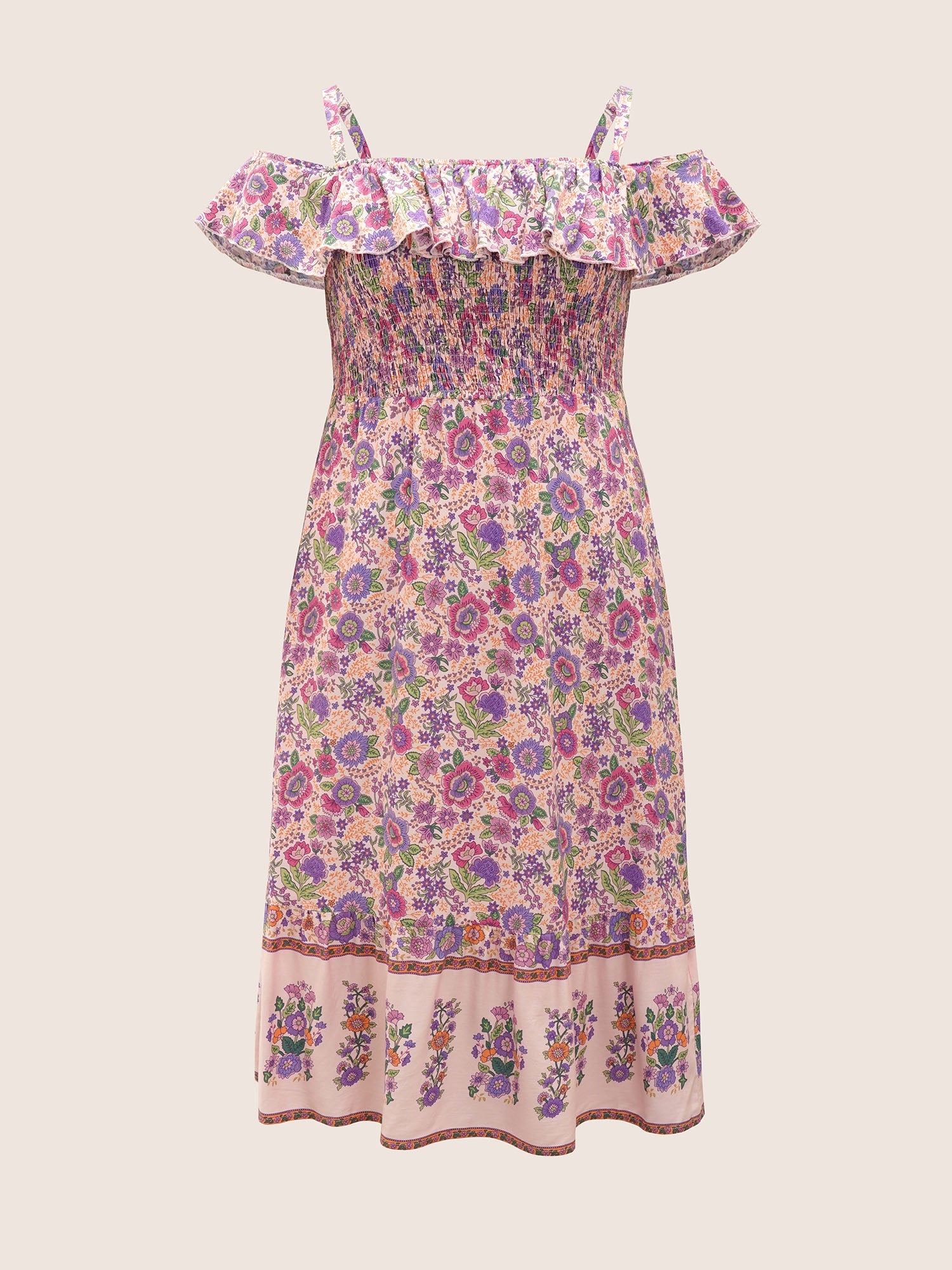 Floral Cold Shoulder Ruffles Shirred Dress