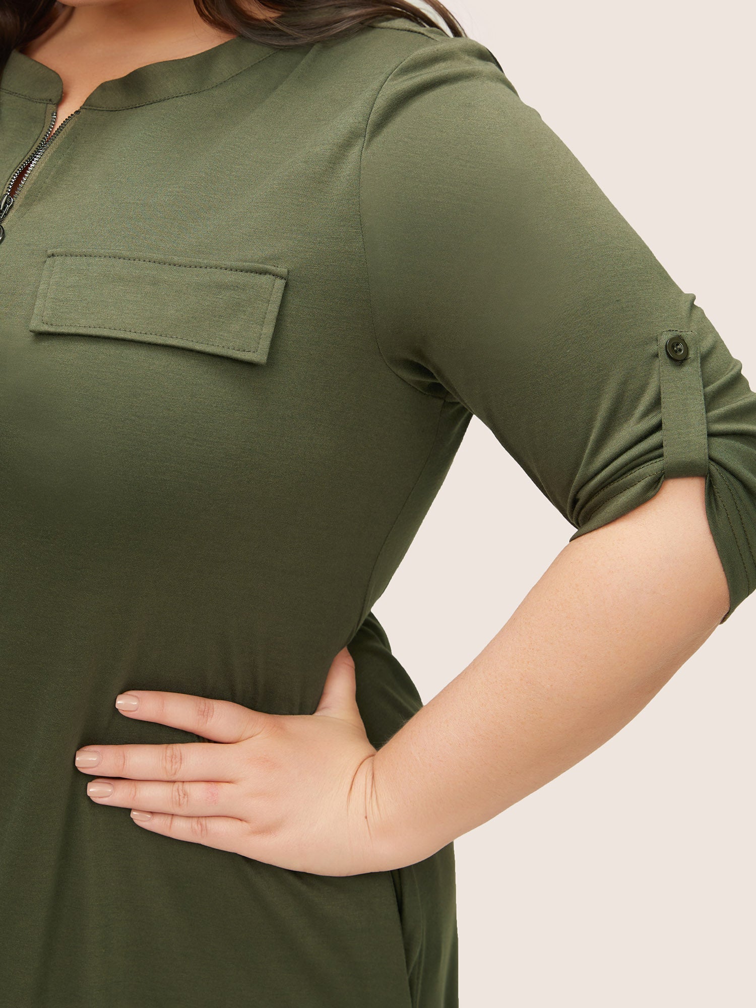 Plain Half Zip Flap Detail Tab Sleeve Dress