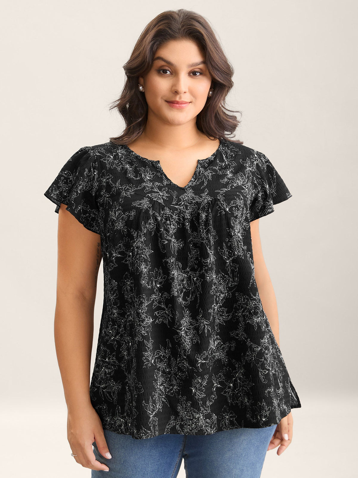 Silhouette Floral Print Flutter Sleeve Blouse