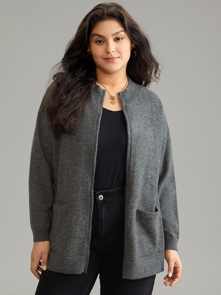 Anti-Pilling Zipper Fly Patched Pocket Cardigan