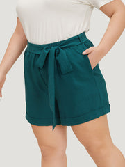 Plain Belted Pocket Roll Hem Shorts