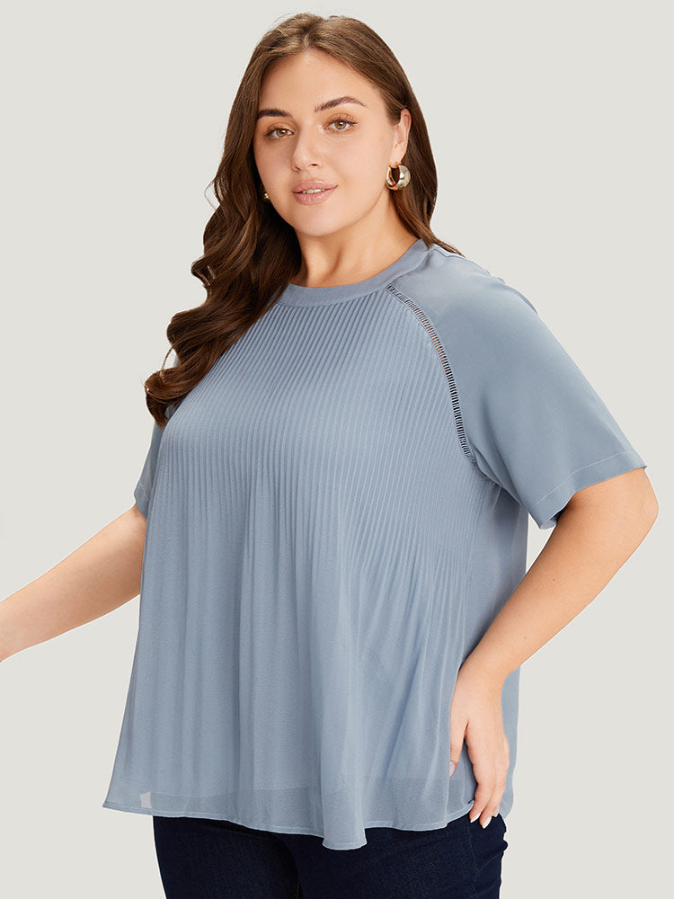 Solid Pleated Raglan Sleeve Patchwork Blouse