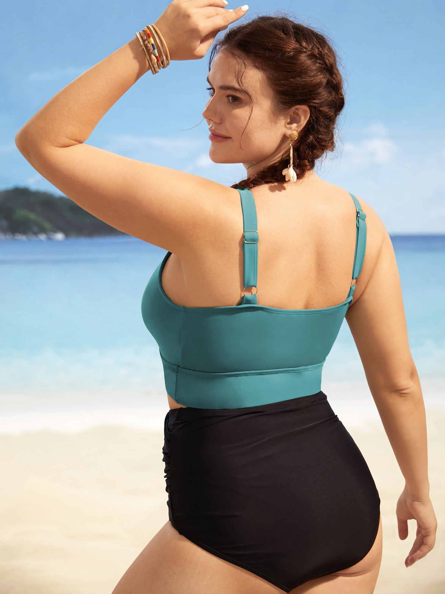 Solid Ruffle Surplice Neck Trim Swim Top