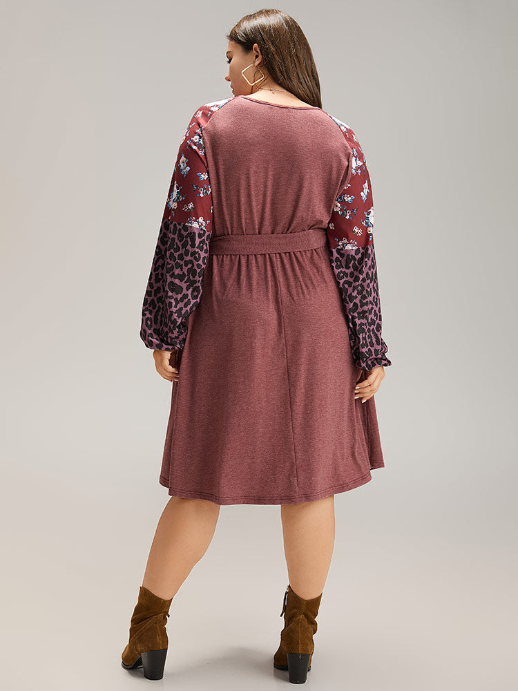 Floral Leopard Patchwork Belted Lantern Sleeve Dress