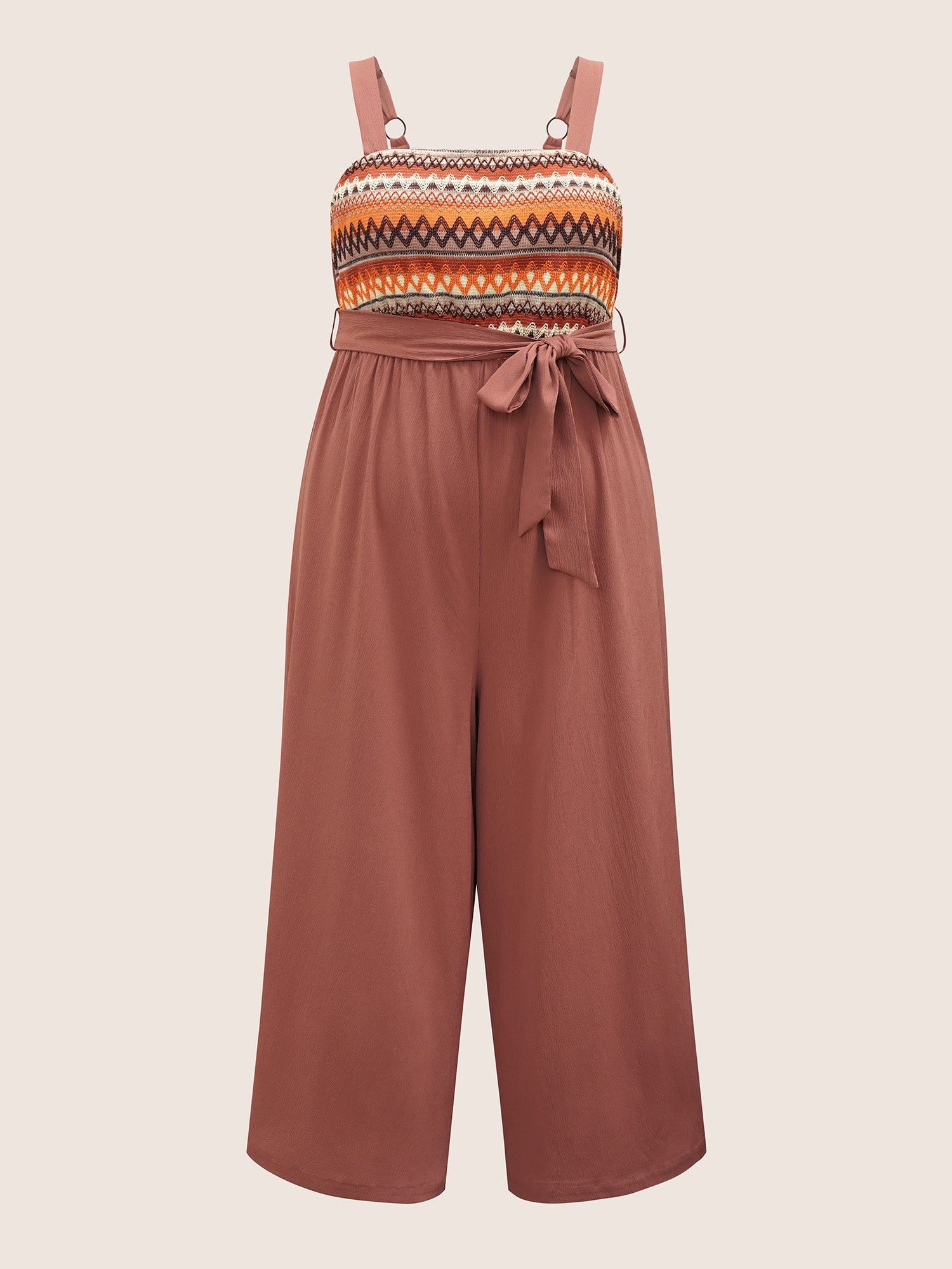 Geometric Embroidered Contrast Belted Wide Leg Jumpsuit