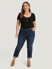 Solid Ripped Pocket Roll Hem Jeans