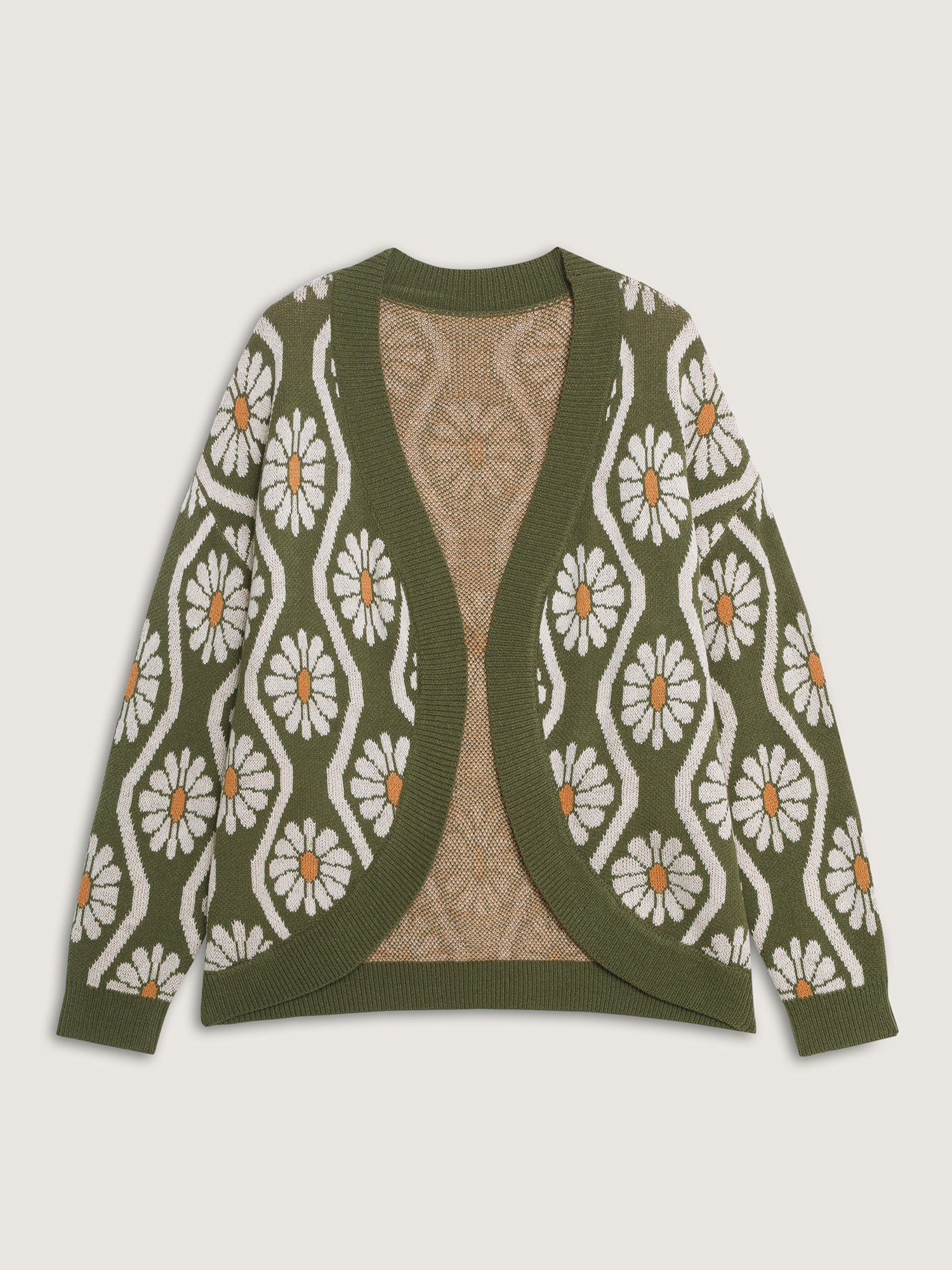 Floral Pattern Jacquard Arc Hem Knit Cardigan