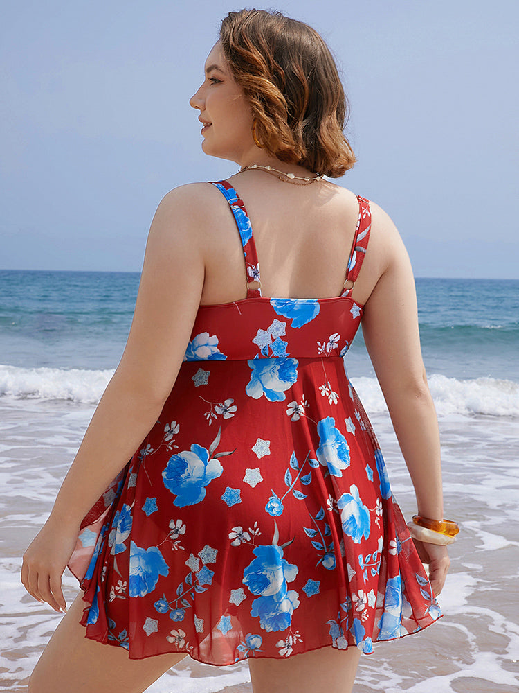 Floral Print Split Front Ruched A Line Swim Dress