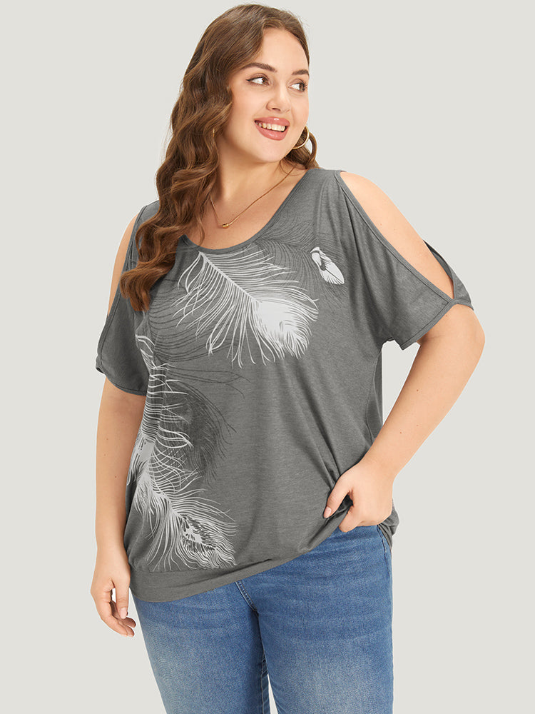 Feather Print Cold Shoulder Crew Neck T-shirt