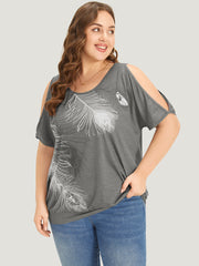 Feather Print Cold Shoulder Crew Neck T-shirt