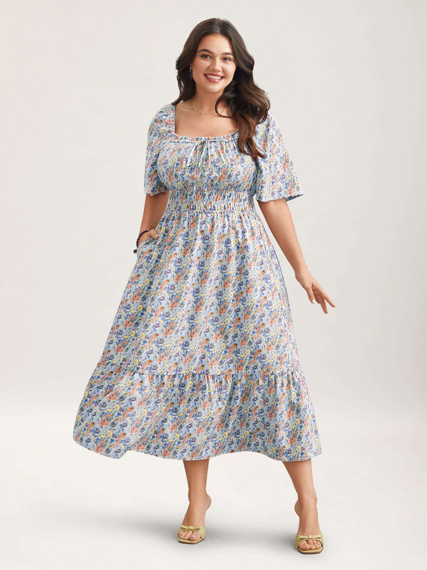 Smocked Waist Floral Ties Tiered Maxi Dress