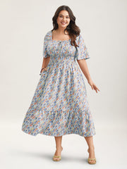 Smocked Waist Floral Ties Tiered Maxi Dress