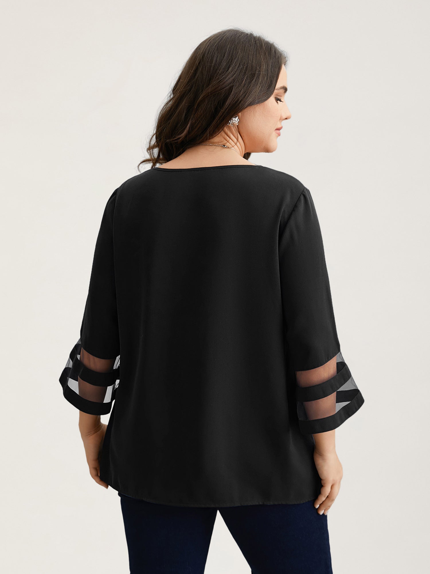 Sheer Sleeve Patchwork Asymmetrical Neckline Blouse