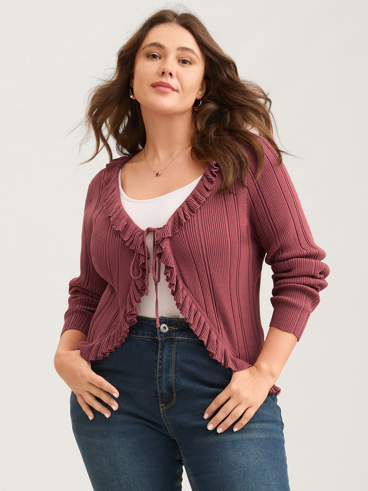 Ruffled Edged Front Tie Knit Cardigan