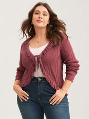 Ruffled Edged Front Tie Knit Cardigan