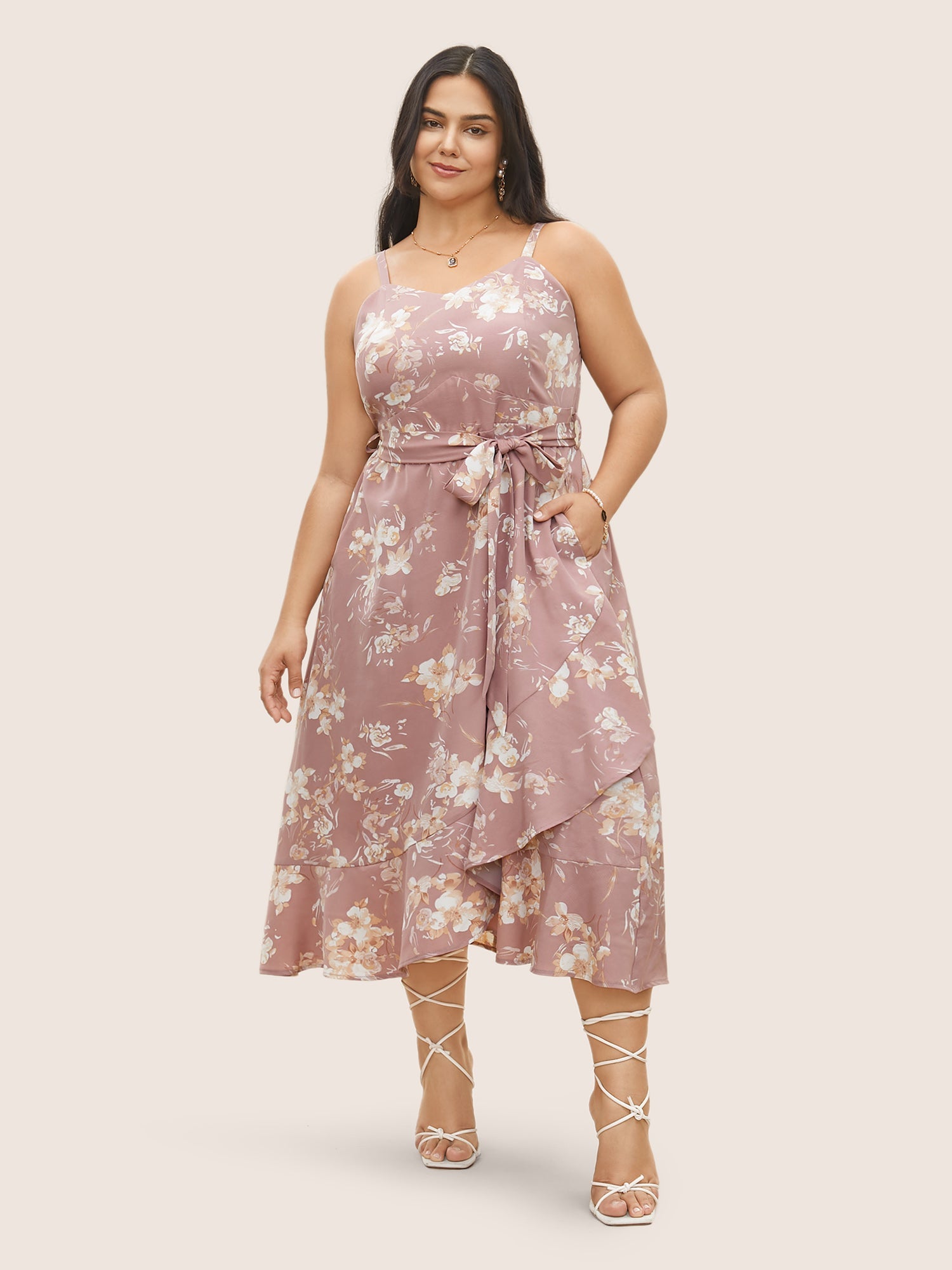 Floral Pocket Elastic Waist Adjustable Straps Dress