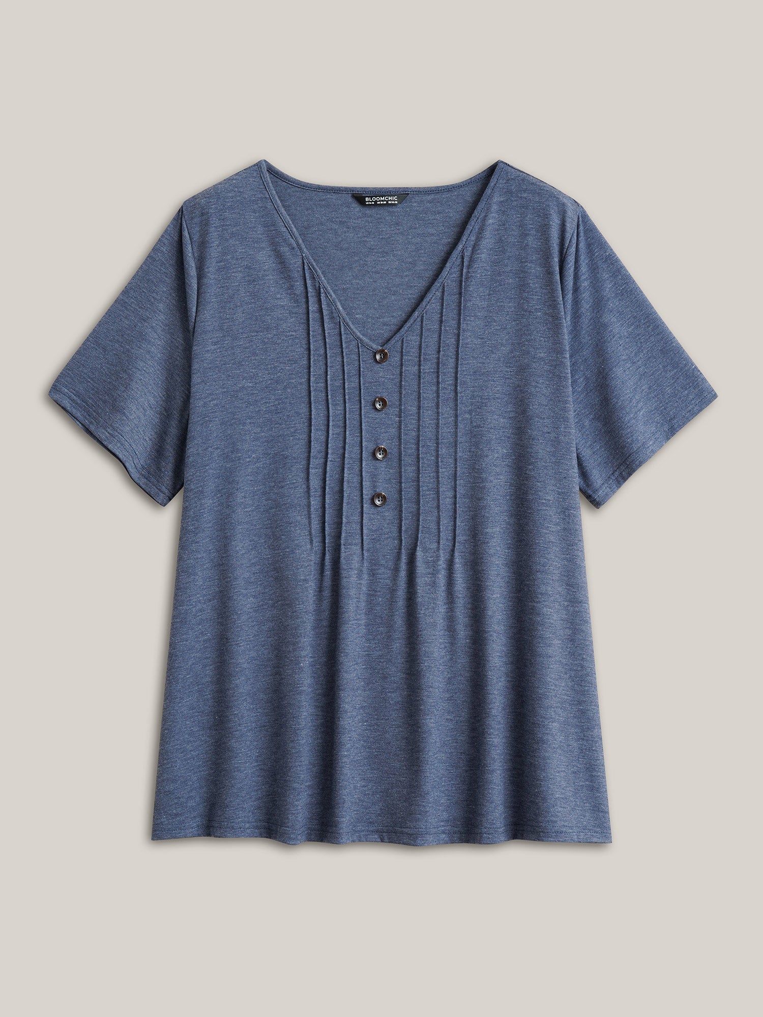 Solid Pleated Front Button Detail V Neck T-shirt