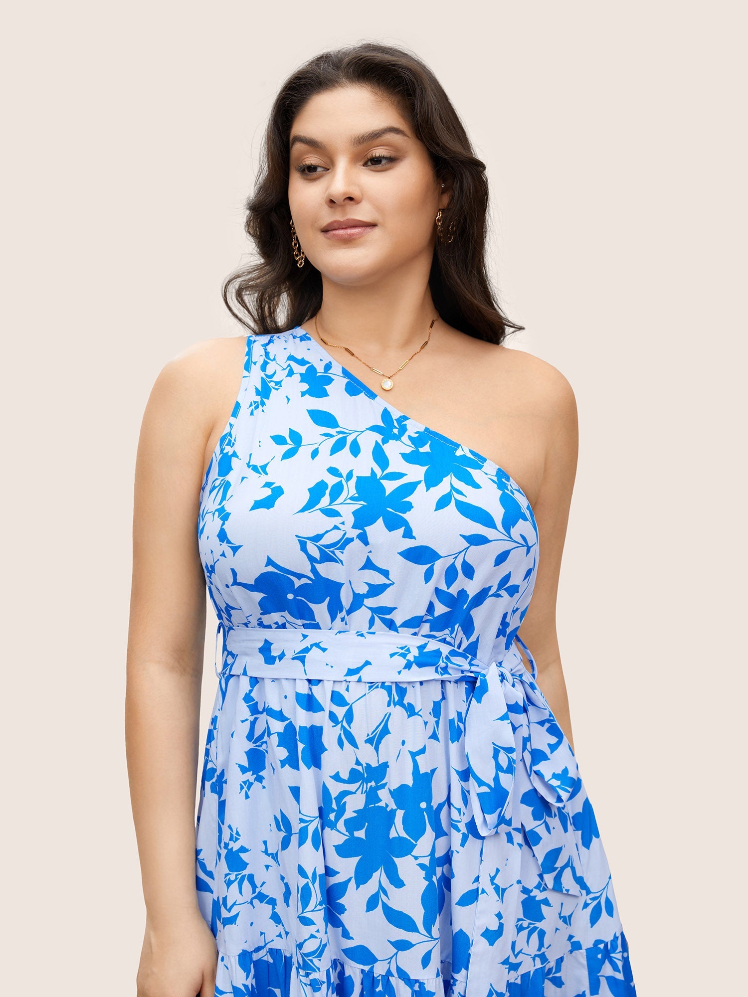 Silhouette Floral Print One Shoulder Belted Dress