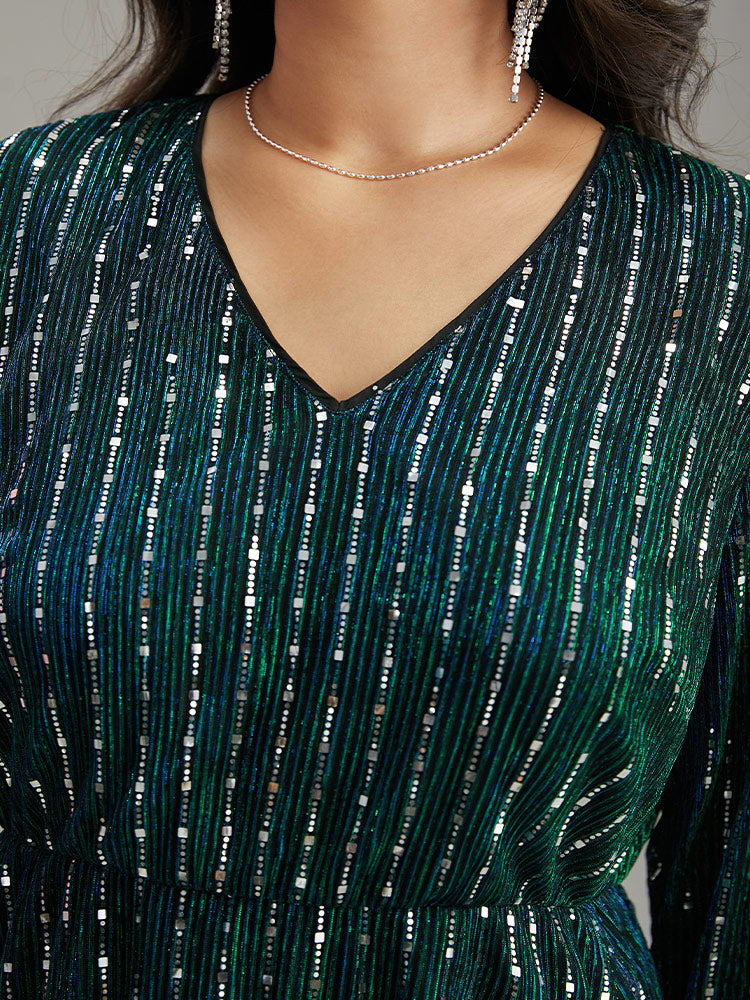 Sequin Mesh V Neck Elastic Waist Dress