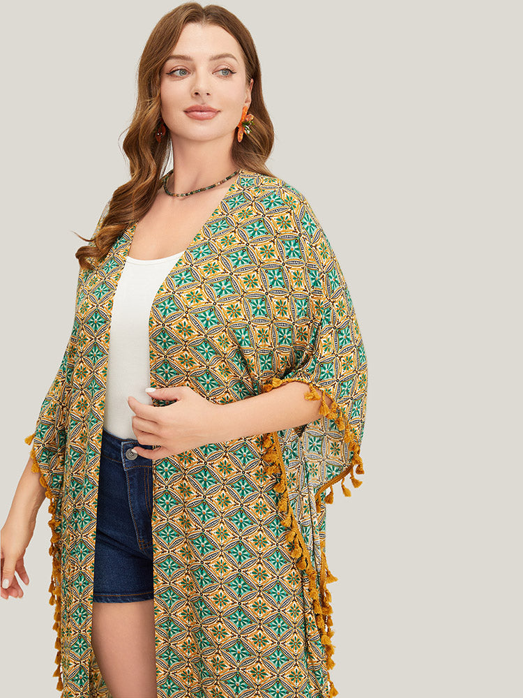 Bandana Batwing Sleeve Tassels Trim Split Open Front Kimono