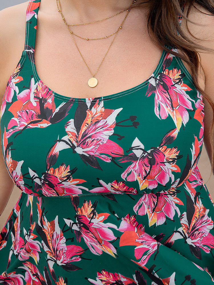 Floral Print A Line Round Neck Ruffle Hem Swim Dress