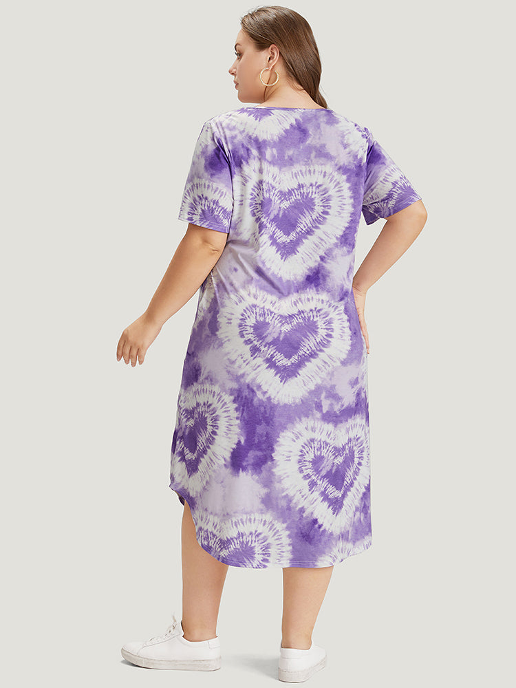 Heart Print Tie Dye Pocket Crisscross Neck Dress