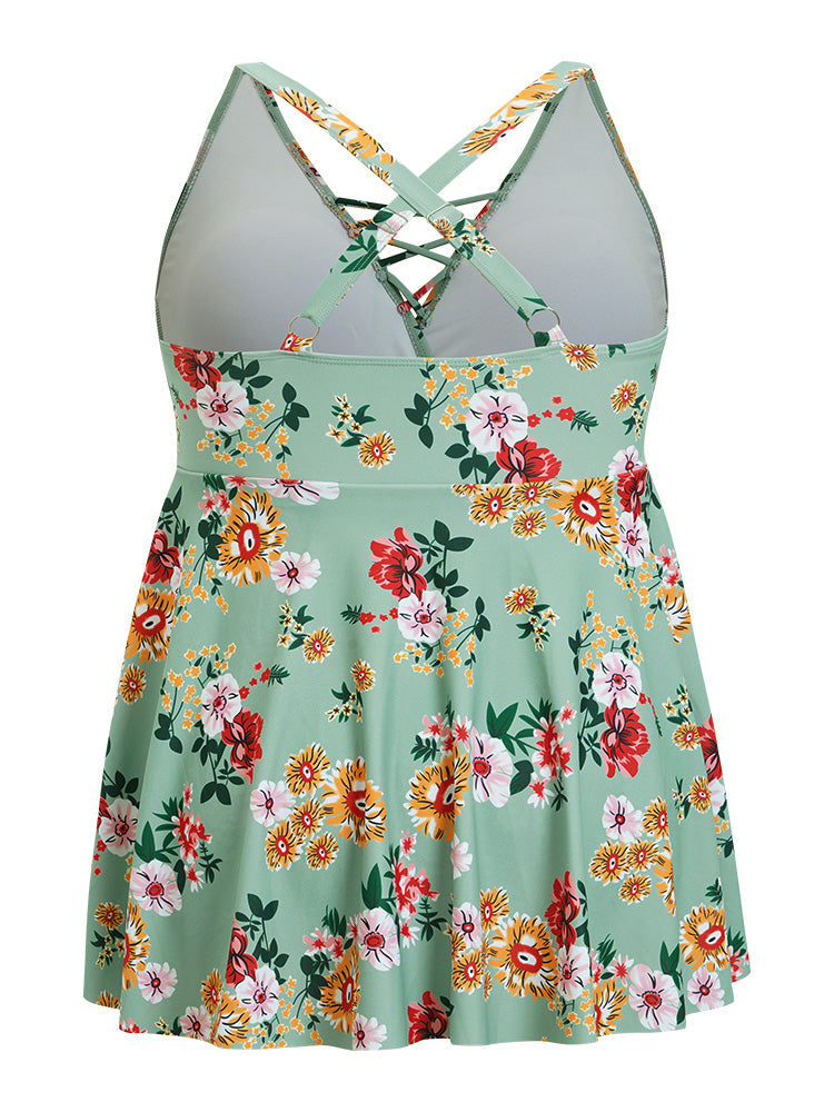 Floral Crisscross Surplice Neck Flutter Hem Swim Dress