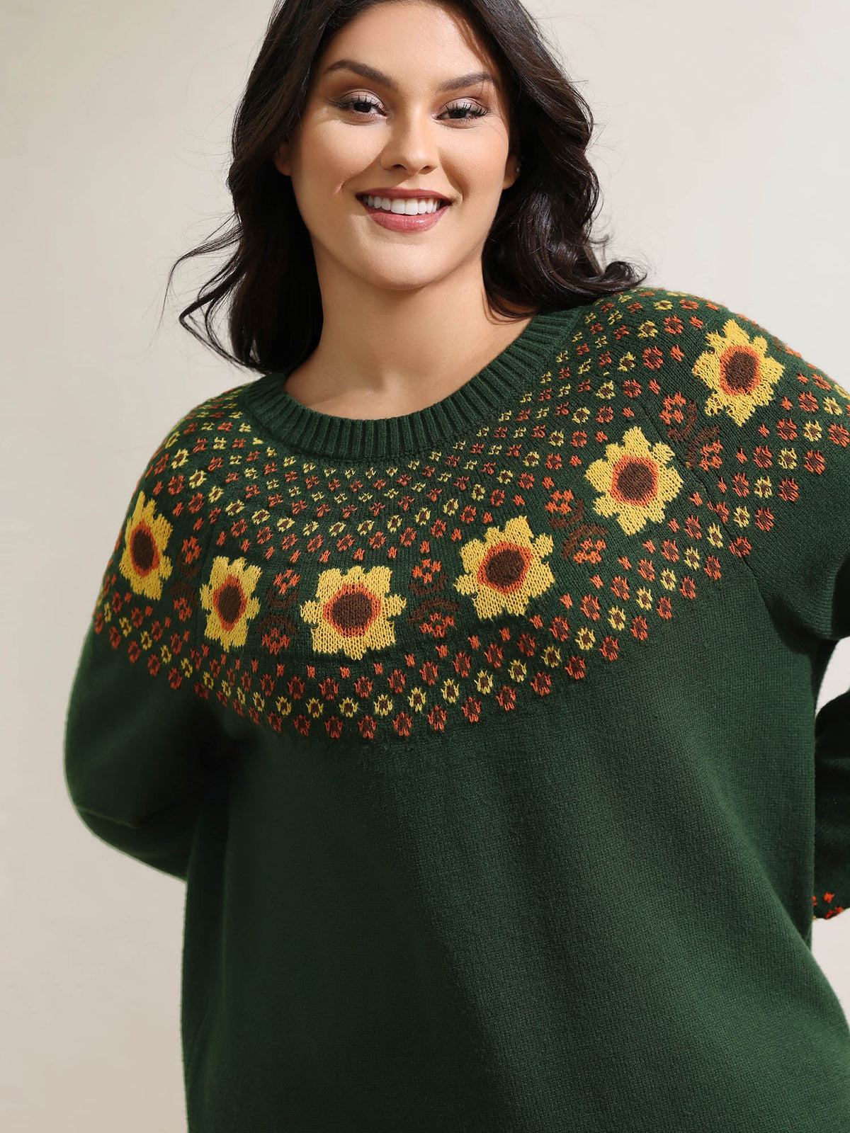 Fair Isle Floral Pattern Ribbed Hem Pullover