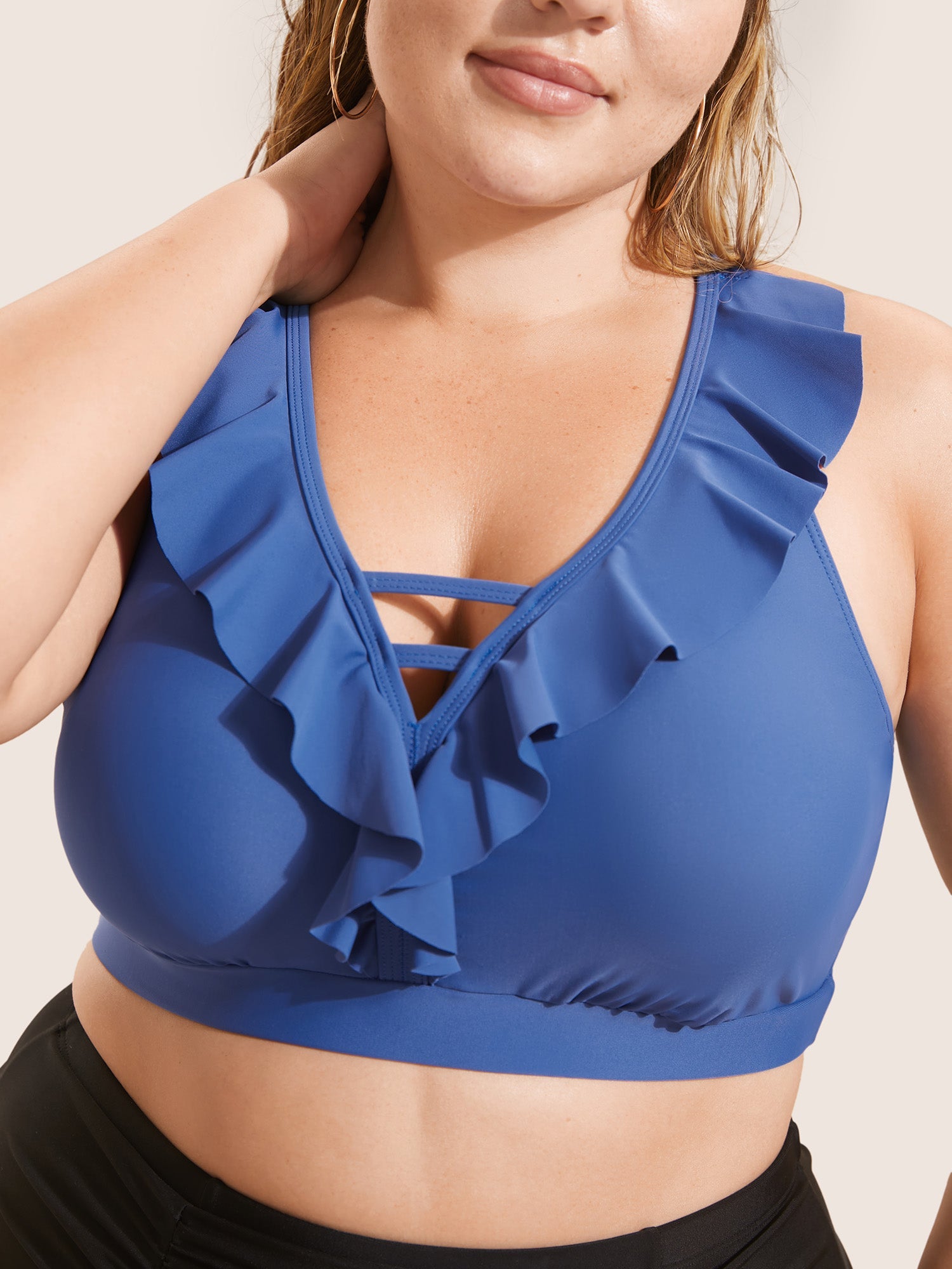 Plain Keyhole Ruffle Trim Swim Top