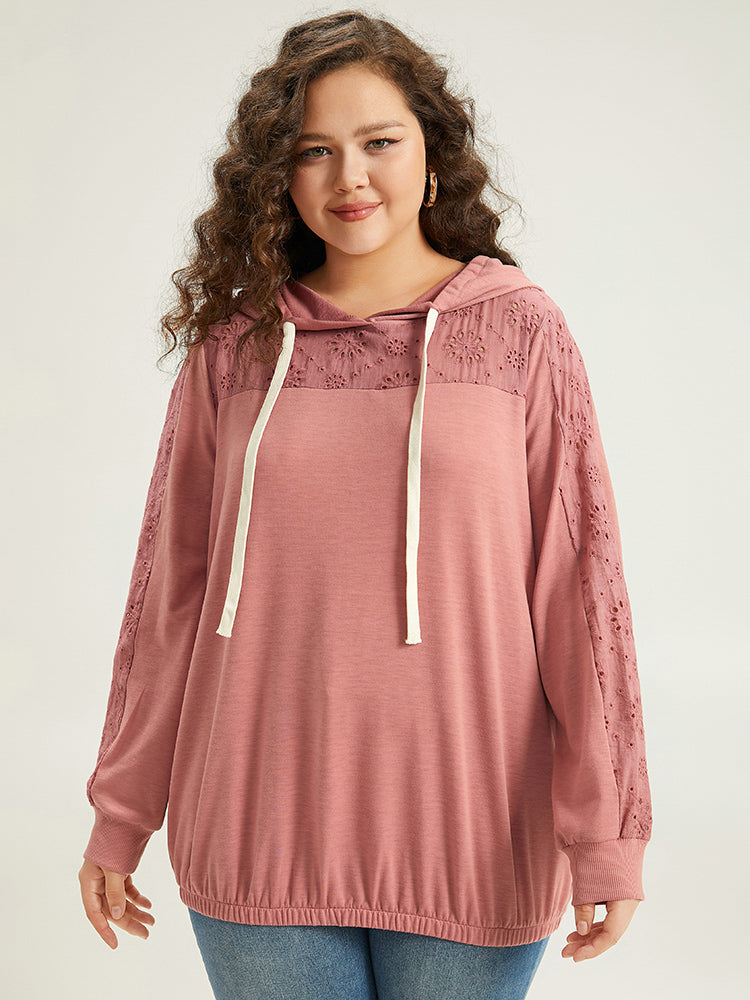 Solid Hooded Drawstring Broderie Anglaise Sweatshirt